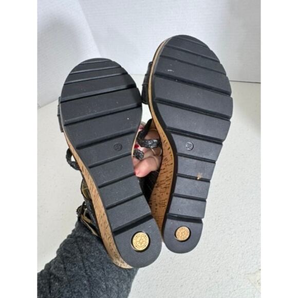 "BUSSOLA" Black Wedge Summer Sandals Strappy Metal Accents Size 7.5 (38) Cork - Picture 9 of 9
